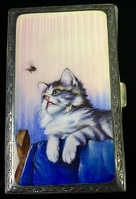 GREAT Sterling Enamel Guilloche Cat Cigarette Case