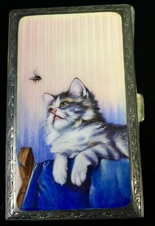 GREAT Sterling Enamel Guilloche Cat Cigarette Case (1 of 5)