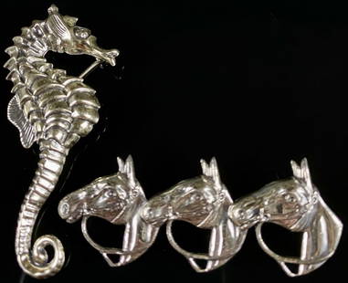 Beau Sterling Sea Horse & Horse Brooches: Both Signed and Measure Roughly 2"