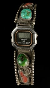 Navajo Turquoise & Coral Sterling Watch Band