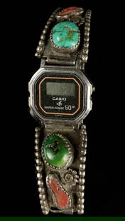Navajo Turquoise & Coral Sterling Watch Band: Stretch Bracelet with Sterling Navajo Band. Era Piece Measures: 1" x 1/2"