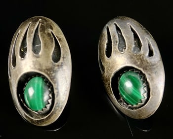 Vintage Sterling & Malachite Bear Paw Earrings