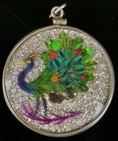 Victorian Feather Art Double Sided Silver Pendant