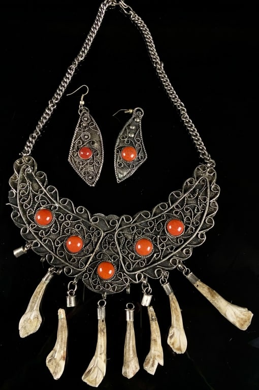 Vintage Filigree Bone Bib Necklace & Earrings: MASSIVE.. Perhaps a Low Grade Silver. Pendant Measures: 6" Wide. Note damage in photos.