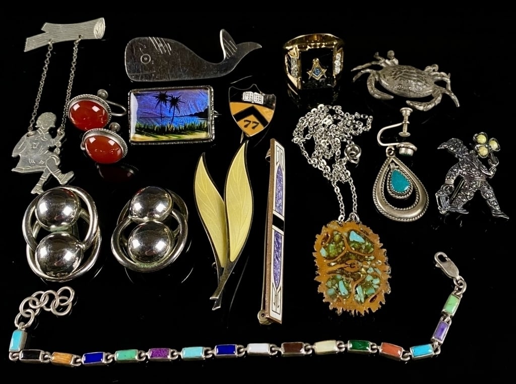 Mixed Lot Cloisenne, Sterling, & Costume: Tons of Great Pieces including a lot of Sterling. Wonderful Marcasite Nome and "Thune Norway" Pin. Stamps shown in photos. costume and sterling jewelry