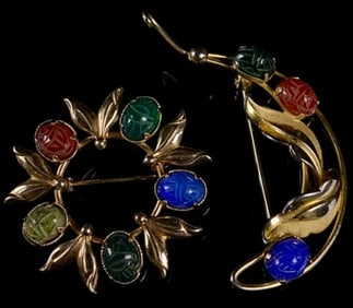 2 Vintage Gold Filled Scarab Brooches