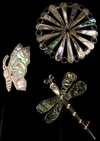 Mexican Silver & Abalone Brooches