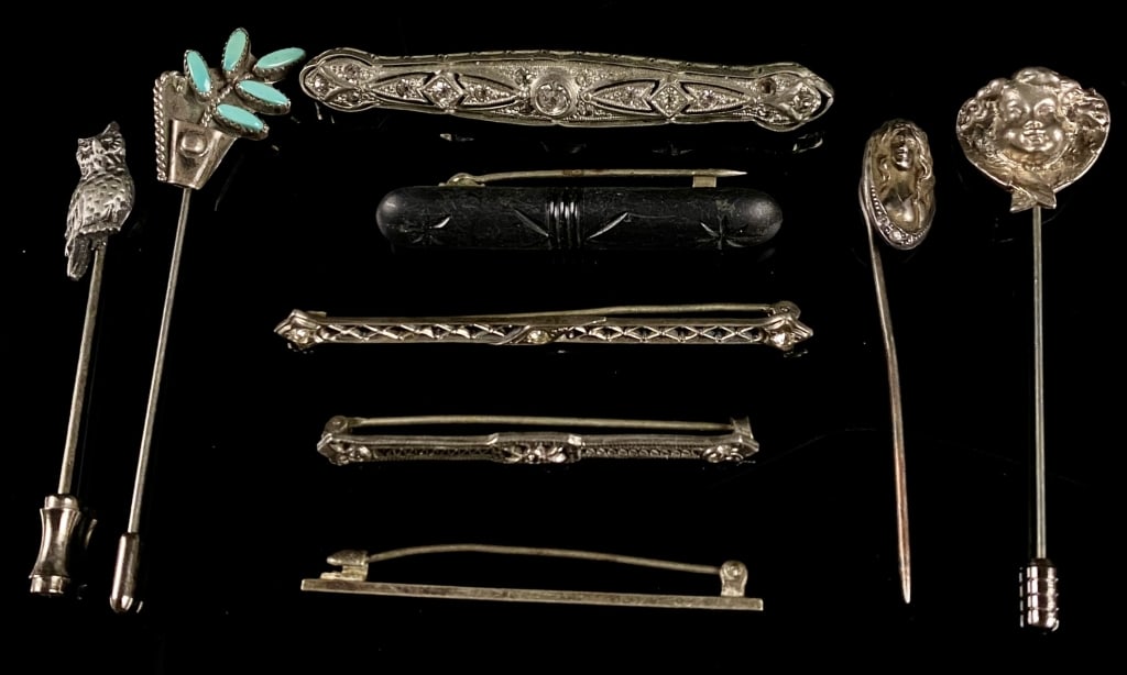 Vintage Aesthetic Sterling Stick Pin & Bar Pin Lot: Lot of Sterling and Silverite. Features Gorham Cherubs, Navajo Etc.
