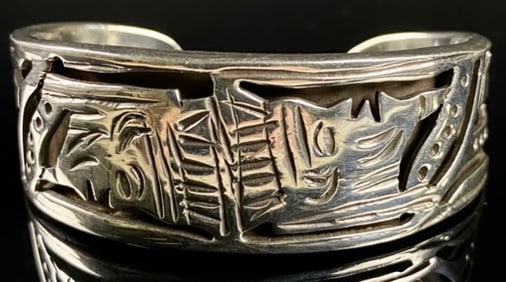 Mexican Sterling Silver Sgnd Head Cuff Bracelet