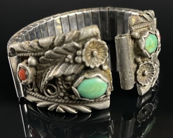 Navajo Twist Turquoise & Coral Watch Band