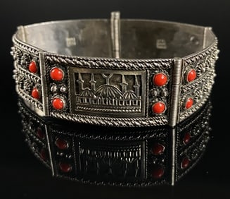 Vintage Etruscan Coral 800 Silver Bracelet