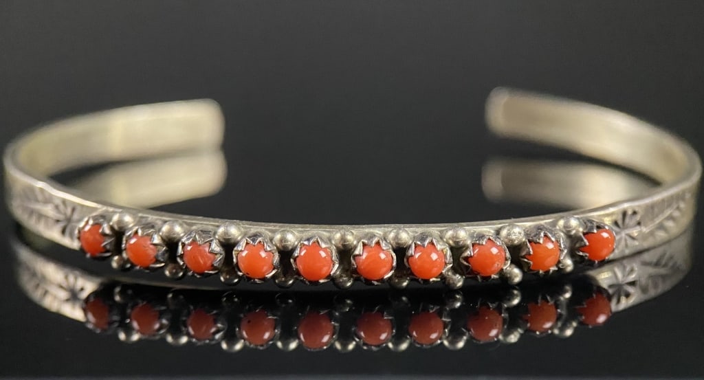 Danty Sterling & Coral Cuff Bracelet: Measures: 2" Wide.