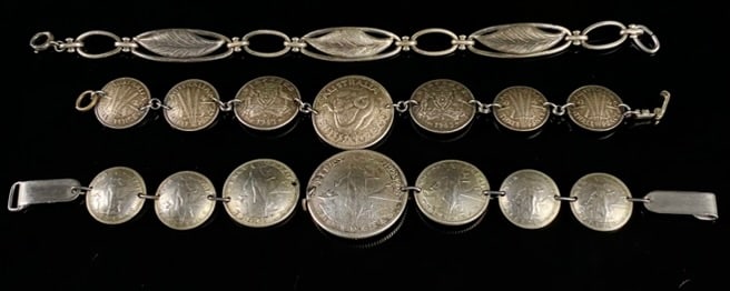 WW2 Trench Art Coin & Wheat Bracelet Lot