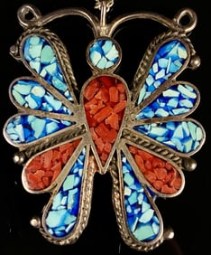 Turquoise & Coral Chip Inlay Sterling Butterfly