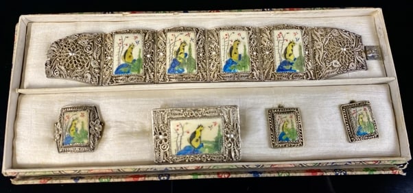 China .800 Silver Filigree Handpainted Cat Set.