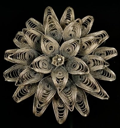 Russian Sterling Silver Antique Brooch: Marked "Sterling Made in Russia" on the Back. Filigree Brooch. Measures: 2" Wide.