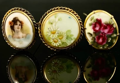 3 Antique Hand Painted Hat Pins