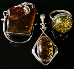 Sterling Amber Lot Pendant, Brooch, & Ring