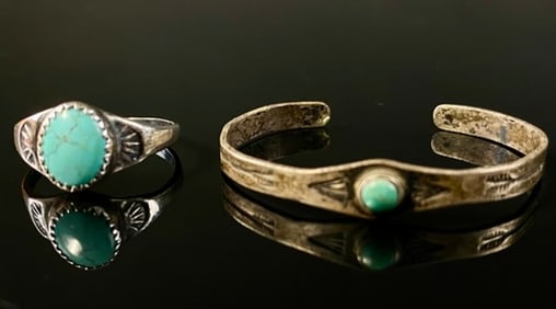 Fred Harvey Era Turquoise & Silver Ring & Bracelet