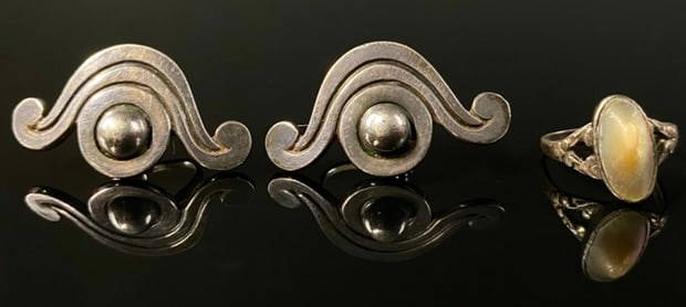Silver Danish MCM Earrings & Blister Pearl Ring: earrings are marked.,ring is not 3 1/2 size ring