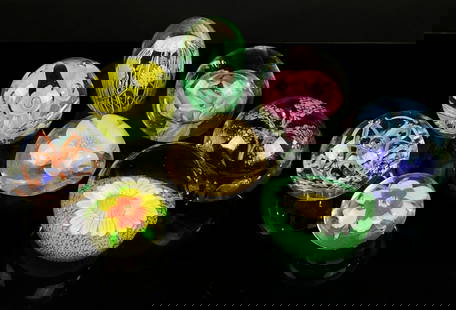 Floral Art Glass Paperweights: middle white floral paperweight is resin. Condition as shown in photos. Egg shaped paperweight has fleabite chips around base shown.