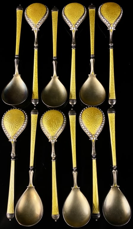 Norwegian Sterling Guilloche Spoons Marius Hammer: Marius Hammer Lot of 12 Norwegian demitasse spoons. Measure: 4" Weigh: 5 Ozt