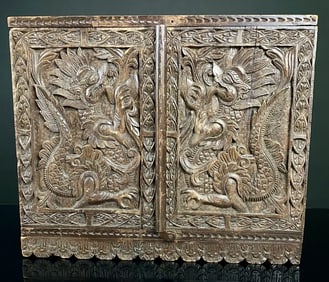 Antique Carved Double Dragon 2 Door Slated Storage