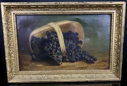 1800's Grapes In Basket Still Life Oil Painting