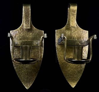 c.1910 E.T.C Fish Hammered Copper Candle Sticks: RARE...some of the nicest examples of Fish's Work we've ever seen. Hammered Copper and fairly complex, wonderful shape with nice Patina. Measure: 9 1/2" x 4"