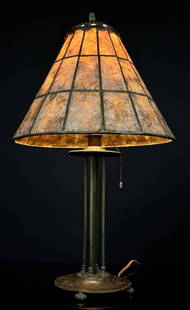 Pairpoint Arts & Crafts Lamp With Mica Shade: Incredible Pairpoint Lamp, Excellent condition retaining its Chocolate Patina, Shade itself is also in beautiful shape with no note bale defects. Marked Pairpoint Mfg on the bottom. Measures: 21" Tall