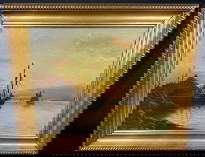 William F Paskell Harbor Painting (1865-1951): This is a framed oil painting on Canvas by William F. Paskell, a well-known member of the White Mountain School of Painters. The painting depicts a vibrant sunset over a serene Seascape. The 