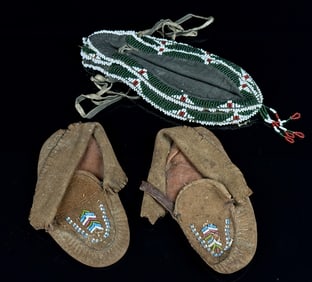 Hand Beaded Children's Indian Moccasins & Pouch