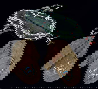 Hand Beaded Children's Indian Moccasins & Pouch: Hand Beaded found in an Elmira NY Multi Generational Estate. See Photos.