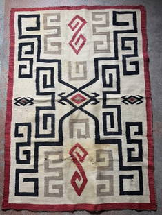 Antique Navajo Rug: Rug Has Some Staining and damage see detailed Photos. Found in a Prominent Five Generation Elmira NY Estate. Measures: 72" x 50"