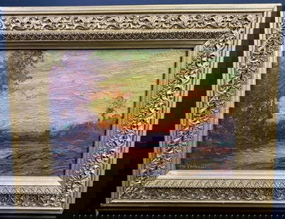 William F Paskell Landscape Painting (1865-1951): This is a framed oil painting on Board by William F. Paskell, a well-known member of the White Mountain School of Painters. The painting depicts a vibrant sunset over a serene landscape, with a 