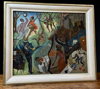 1940's Jazz Painting Signed "John Mach" WW2 384th: Signed J.Mach, Painting on Board by John Mach of Savannah Ga. Mr. Mach was a member of the 384th Bomb Group During WW2. He designed the Stained Glass Window , originally in the Church of St. James the