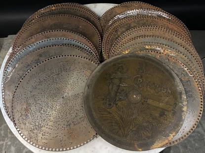 Lot of 44 Regina Critterion Music Box 15" Discs: Attic Fresh Collection of 44 Discs with Various Tittles. Some Surface Corrision present on some. All appear will clean up and play well.