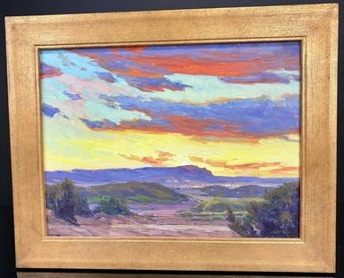 The Lights Of Chinle Arizona Lynde Painting: This vibrant oil painting by Montana artist Taylor Lynde captures a stunning sunset over a mountainous landscape. The piece is characterized by Lynde's signature impressionistic style, with bold