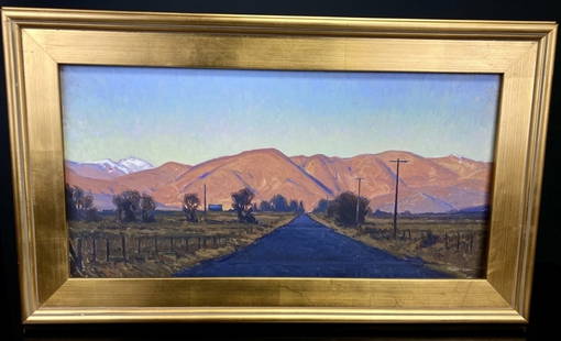 From Pavement to Kingdom By Taylor Lynde: Original oil painting by Taylor Lynde captures a serene landscape scene with a road leading towards distant mountains. The artwork is framed and measures 28" x 18" frame to frame. The painting 