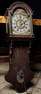 Antique German Wall Clock With Hidden Pendulum: Early antique German Wall Clock, Needs weights and restoration, hand painted dial with unique hidden Pendulum and Window which features Father Time. Measures: 36" x 11" x 8"
