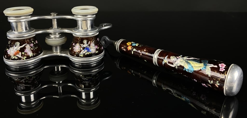 Hand Painted Cherub & Floral Opera Glasses: handle is detached but parts are there for reattachment