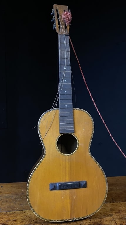 1800's Parlour Guitar: Ladder Braced, No makers mark we can see, some bow to the body, excellent candiate for restoration efforts.