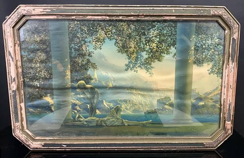 Daybreak Ny Maxfield Parrish Print Octagonal Frame: Fading to print. Frame has flaking paint. Water damage on back doesn't show through front of print 33 x 21 inches in frame