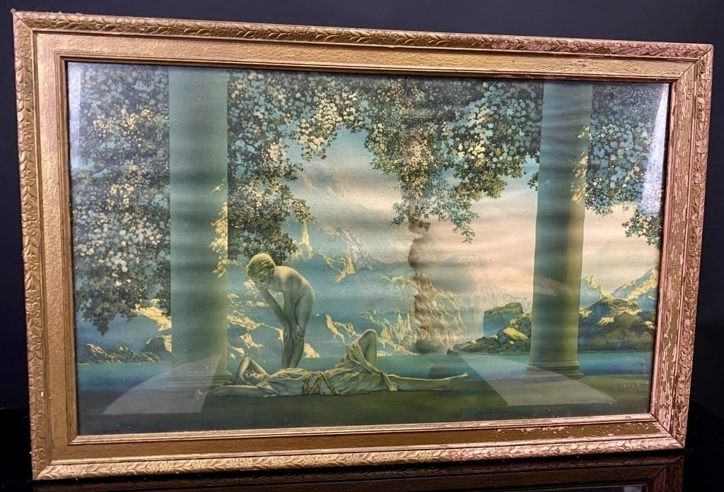 Daybreak By Maxfield Parrish Print: water damage and fading to print. Frame has some damage and chipping paint. Tag on back . 33" x 16" Frame to Frame.