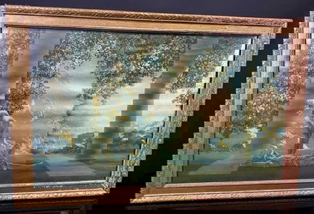 Daybreak By Maxfield Parrish Print: water damage and fading to print. Frame has some damage and chipping paint. Tag on back . 33" x 16" Frame to Frame.