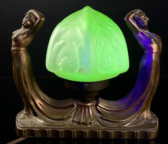 1920's Double Lady Lamp W/ Uranium Glass Shade