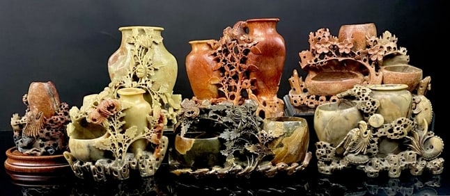 Carved Soapstone Intricately Carved Vases Chinese