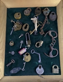 TOC Antique Pad Lock & Key Lot On Display Board
