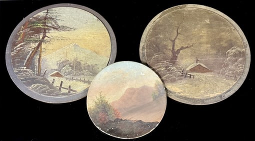 1800's Antique Winter Painted Scenes On Wood Lids