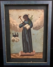 Antique Mexican Tin Folk Art Painting Of Saint